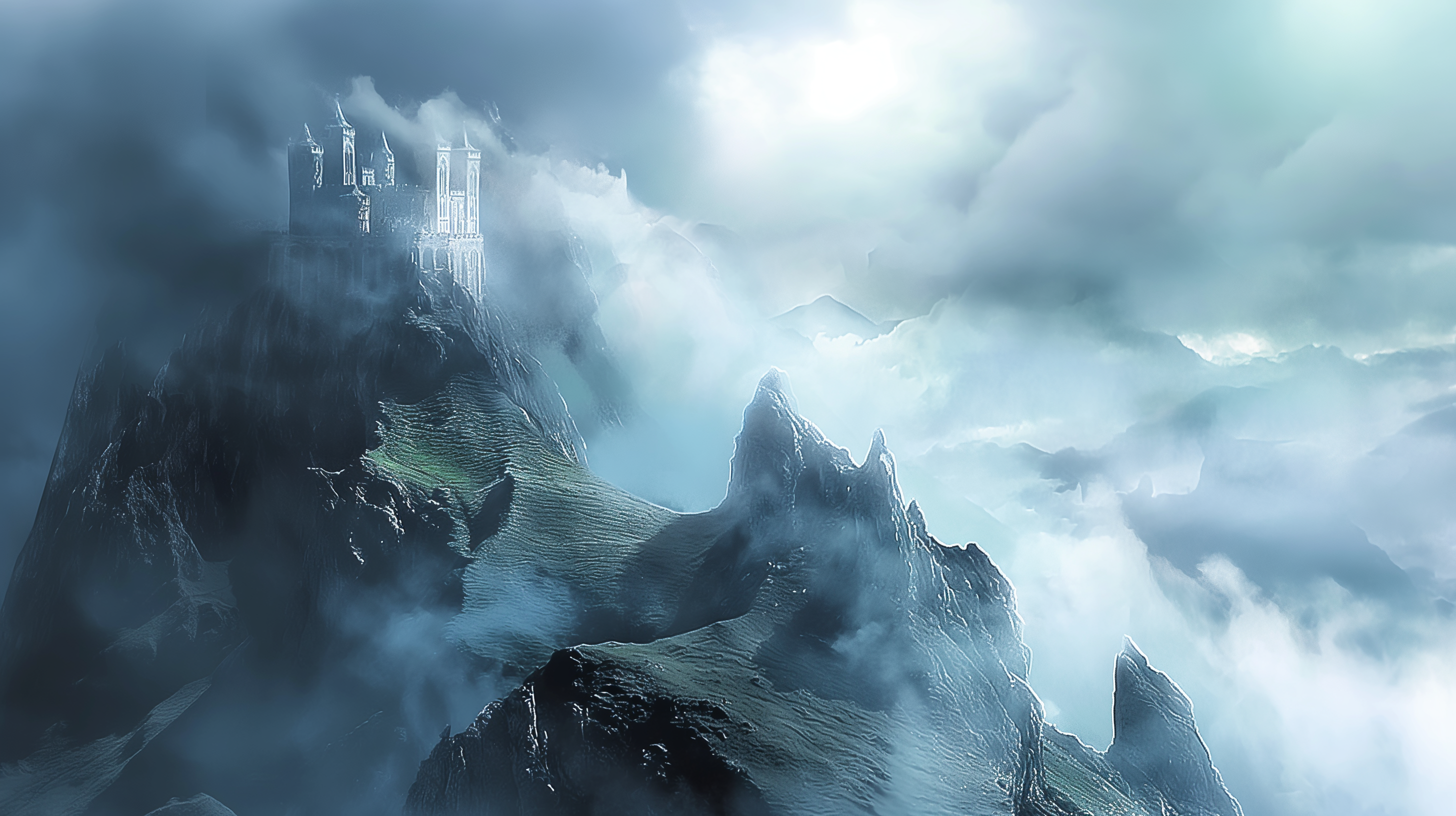 Ätherisches Kloster auf einem rauen Berg, umgeben von dicken Wolken und Nebel, erzeugt eine geheimnisvolle und dramatische Atmosphäre.