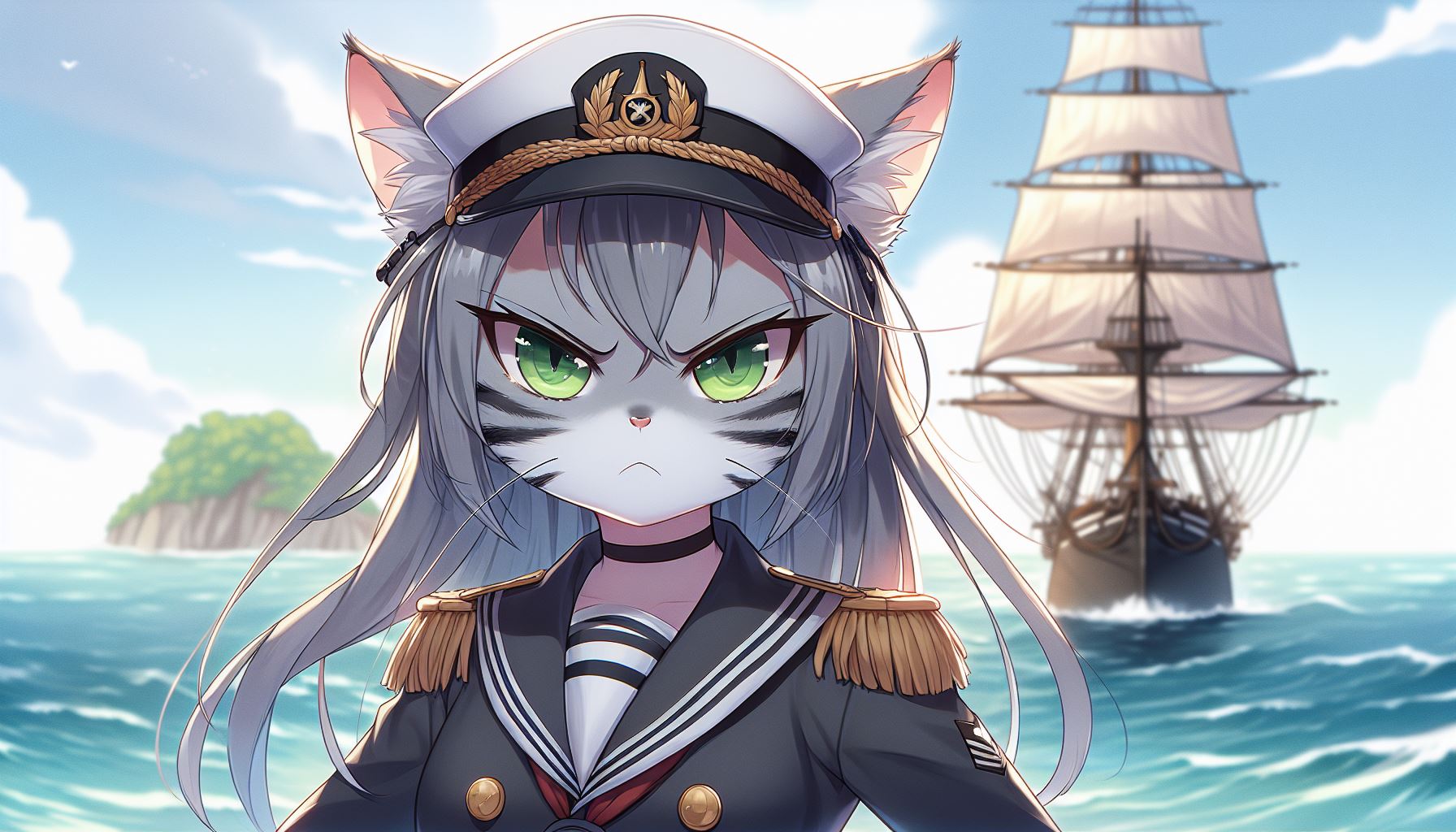 Eine graue weibliche Katze mit schwarzen Streifen, gekleidet in eine Marineuniform und Mütze, steht im Vordergrund. Sie schmollt. Im Hintergrund segelt ein majestätisches Schiff auf dem offenen Meer nahe einer malerischen Insel unter einem teilweise bewölkten Himmel.