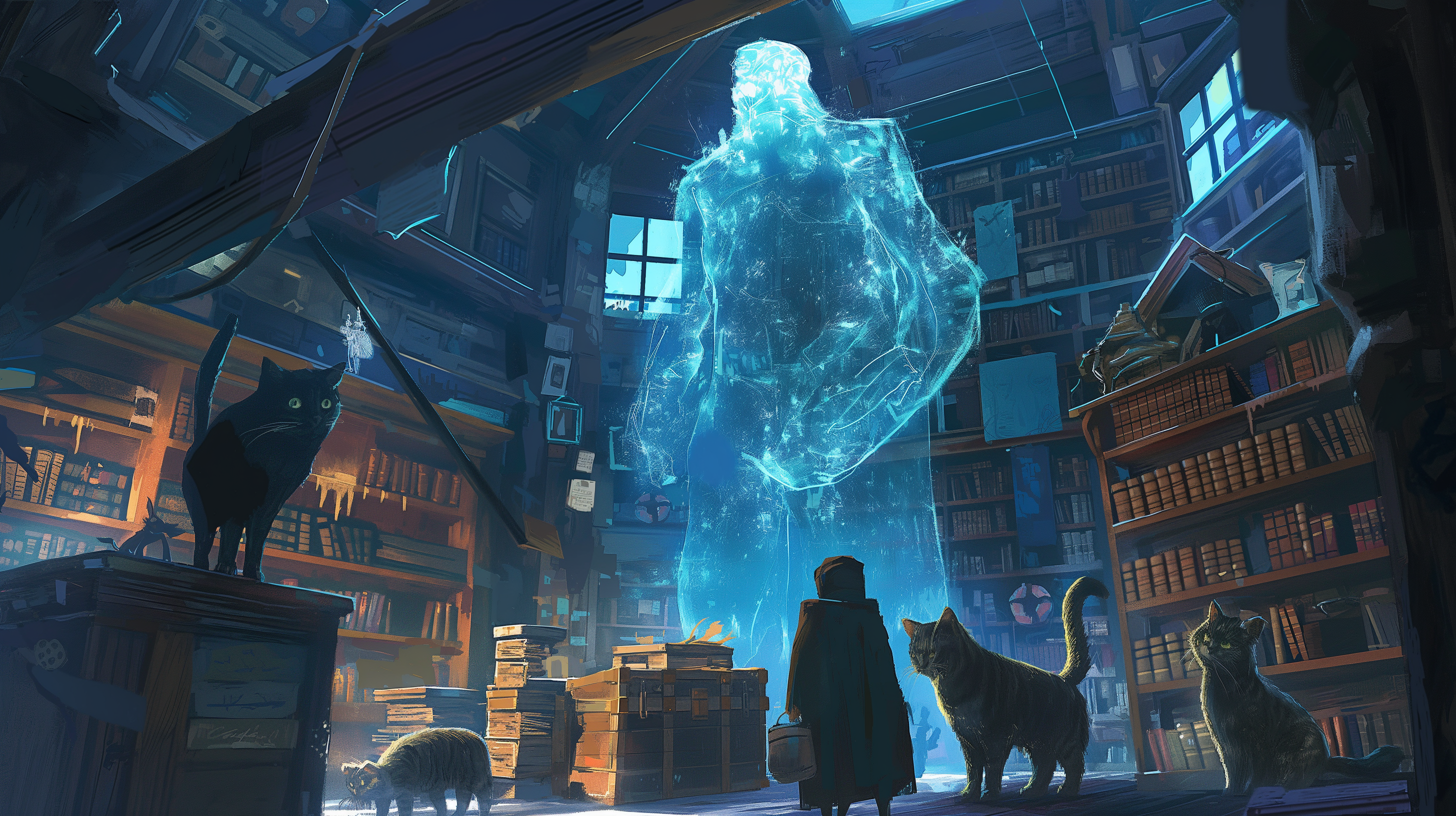 Ein Mensch und drei Katzen in einem überfüllten Bücherzimmer, fasziniert von einer großen, leuchtenden, gespenstischen Figur.