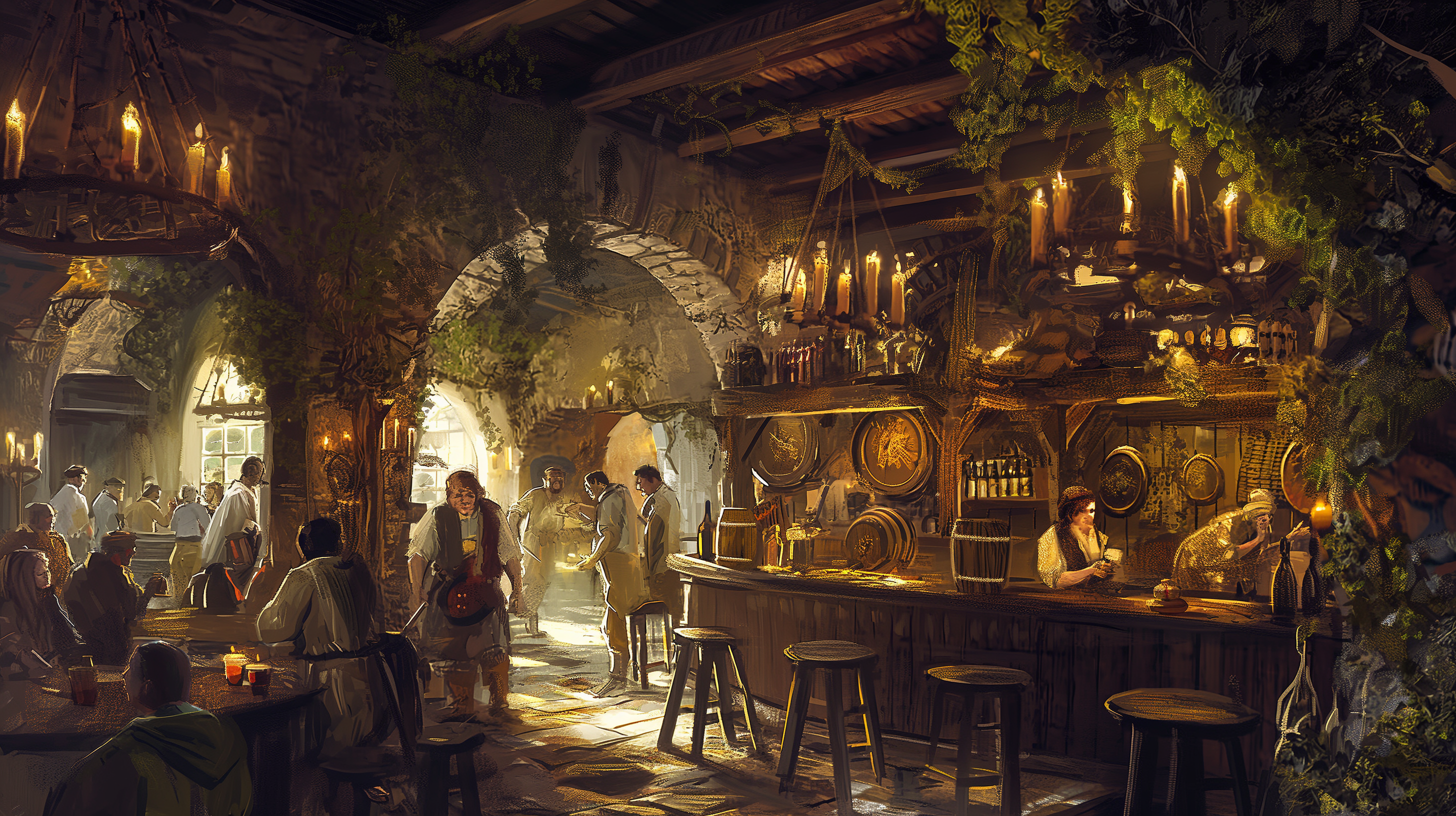 Das Bild zeigt eine lebhafte mittelalterliche Taverne, die von Kerzenlicht beleuchtet wird. Die Gäste genießen ihre Zeit, ein Barkeeper serviert Getränke, und das rustikale Interieur ist mit Holzfässern und Grünzeug geschmückt.