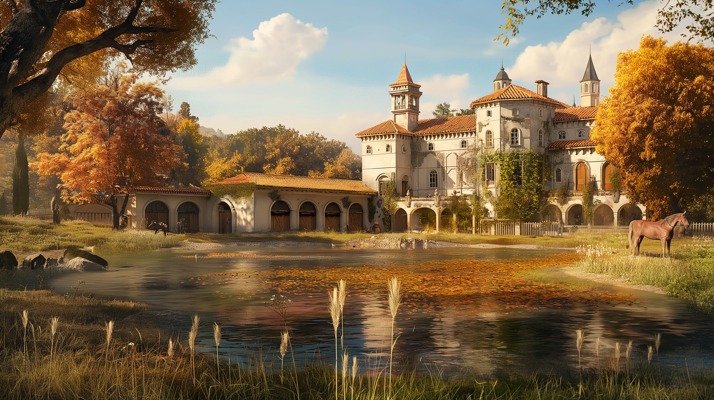 Das Bild zeigt ein malerisches Herrenhaus in einer idyllischen Landschaft. Das Herrenhaus hat eine helle Fassade mit roten Dachziegeln und mehreren Türmen, die an mittelalterliche Architektur erinnern. Die Umgebung ist von herbstlichen Bäumen geprägt, deren Blätter in warmen Farben von Orange bis Gold leuchten. Ein kleiner Teich mit ruhigem Wasser spiegelt die Szene wider, während im Vordergrund Gräser und Schilf wachsen. Auf der rechten Seite des Bildes steht ein braunes Pferd, das entspannt auf der Wiese grast. Der Himmel ist klar und blau, was auf einen schönen Herbsttag hinweist.