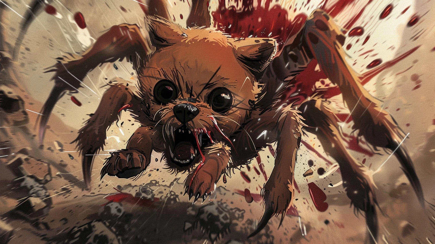 Stilisierte Illustration eines aggressiven, mutierenden Chihuahua-ähnlichen Hundes. Das Tier hat ein braunes Fell, große schwarze Augen und einen weit aufgerissenen Mund mit scharfen Zähnen. Sein Körper ist von spinnenartigen Beinen umgeben. Die Szene ist in düsteren Braun- und Rottönen gehalten, mit Blutspritzern und Bewegungslinien, die eine intensive, gewalttätige Atmosphäre vermitteln.