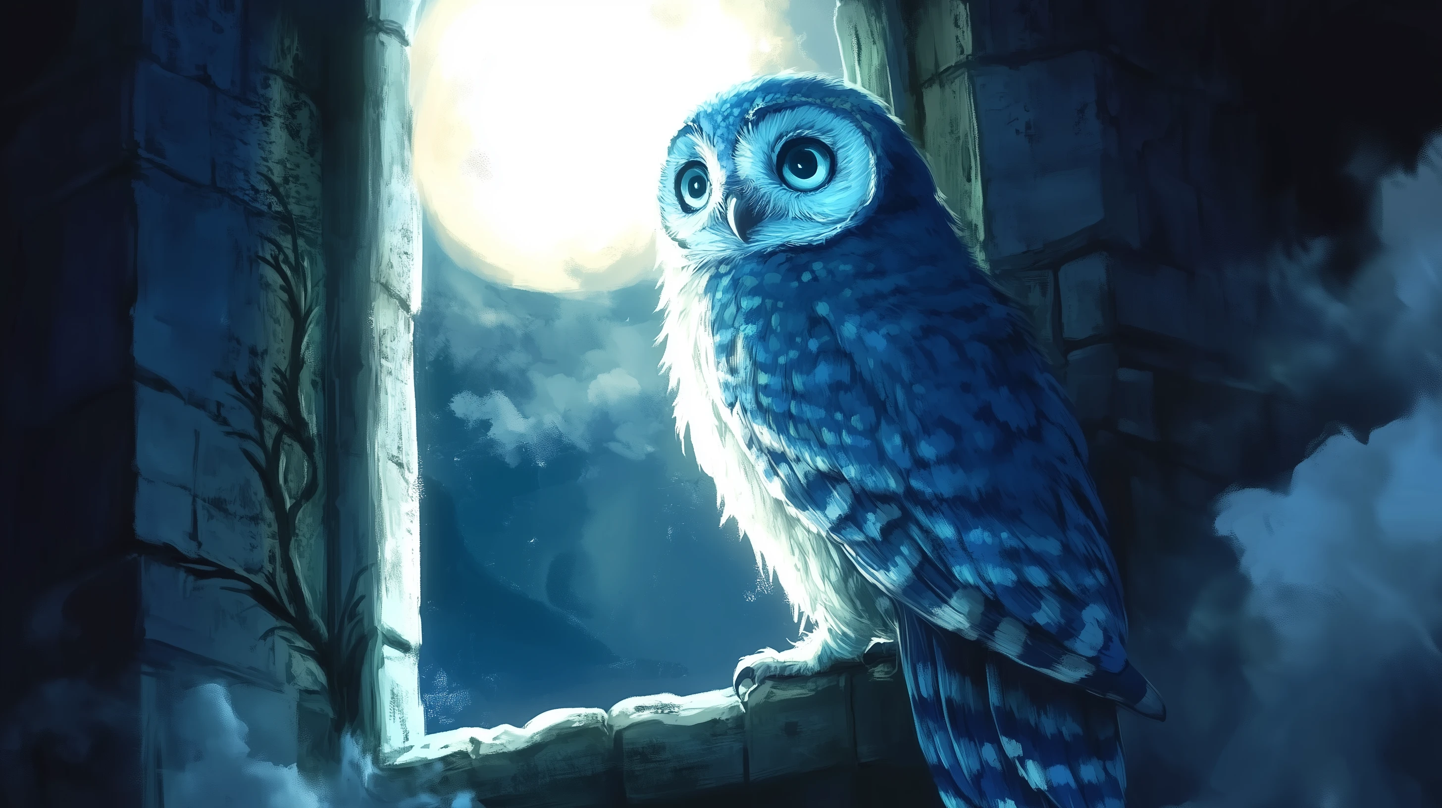 Das Bild zeigt eine Eule mit großen, leuchtenden blauen Augen, die auf einem Fensterbrett in einer alten Steinruine sitzt. Die Szene wird von einem hellen Vollmond im Hintergrund erleuchtet, der durch das Fenster scheint und die Umgebung in ein sanftes, bläuliches Licht taucht. Die Eule ist detailliert dargestellt, mit schimmernden blauen und weißen Federn, die im Licht des Mondes glitzern. Die Umgebung um die Eule herum ist dunkel und geheimnisvoll, was eine mystische und magische Atmosphäre erzeugt.